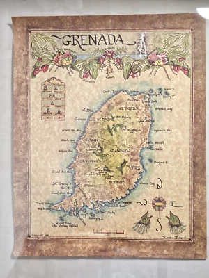 Grenada Map Lithograph Xandra Fisher 1981 Caribbean Beach House Decor - Image 1 of 2