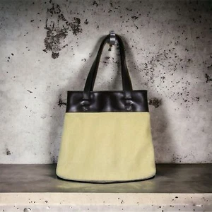 Large Woven Tote Ecru With Dark Brown Leather Trim and Handles Vintage - Picture 1 of 7