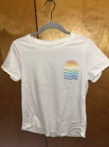 Old Navy Womens Small T-Shirt Single Pocket Rainbow Sunset Short Sleeve White - Picture 1 of 4