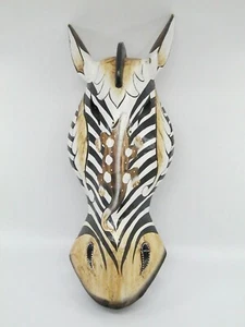 Zebra Head Mask Painted Wall Plaque Hanging Decor Wood Sculpture Lizard 15.5" - Picture 1 of 5