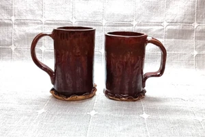 Set of 2 Hand Thrown Pottery Art Coffee Mugs Signed Maroon/Burgundy Drip Glaze - Picture 1 of 9