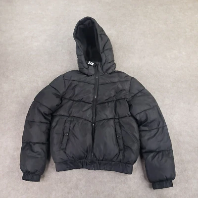 H&M Puffer Jacket Kids 10-11 Black Full Zip Hooded Removable Hood - Image 1 of 4