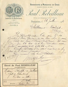 POITIERS ( 86 ) COURRIER PAUL REBEILLEAU / FABRIQUE BONNETERIE MERCERIE 1914 - Picture 1 of 1