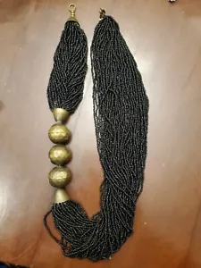 1970's Ethnic Multi-strand Black Glass Bead Necklace With Bronze Balls - Picture 1 of 6