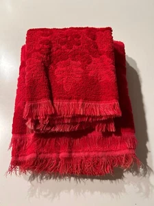 vintage cannon bath towel & Hand Towel Set red fringe cotton usa retro mcm 70s - Picture 1 of 8