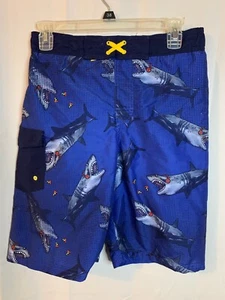 Boy's Cat & Jack Size XL 16 - Blue w/ Sharks Swim Trunks Shorts - 28" x 10" - Picture 1 of 3