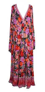 New BALTIC BORN 3X Malena Maxi Dress Red Pink Floral Print Long Sleeve V Neck - Picture 1 of 5