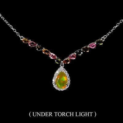925 Sterling Silver Necklace Pear Fire Opal 9x6mm Tourmaline Gemstone Jewelry 20 - Image 1 of 4