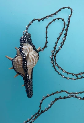 GENUINE CONCH SHELL W/ MARCASITE PENDANT NECKLACE CRYSTAL CORD - Image 1 of 4