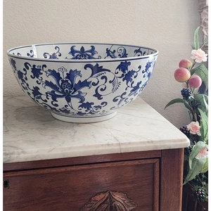 14" Blue and White Chinoiserie Decor Bowl, Extra Large! - Picture 1 of 9