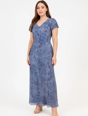 Fashion Bug Sz 12 Blue Floral Y2K 90s Maxi Dress Sheer Overlay Fairy Cottage - Image 1 of 4