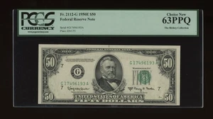 DBR 1950-E $50 FRN Chicago Fr. 2112-G PCGS 63 PPQ Serial G17496193A - Picture 1 of 2