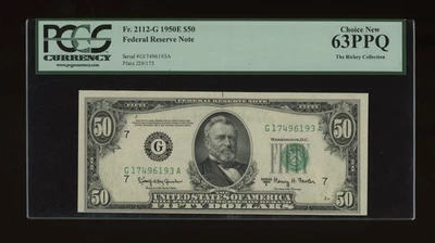 DBR 1950-E $50 FRN Chicago Fr. 2112-G PCGS 63 PPQ Serial G17496193A - Image 1 of 2