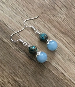 Aquamarine and agate Gemstone Earrings In Silver Plate. Drop Dangle - Picture 1 of 4