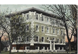 Montgomery Co. Hospital Independence, KS  Postcard W/Green Ben Franklin Stamp - Picture 1 of 2