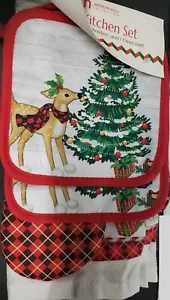 Set da cucina 5 pz: 2 portapentole, 2 asciugamani e 1 mediano da forno, ALBERO DI NATALE E RENNE, AM - Foto 1 di 14
