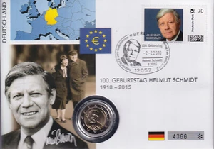 Germany 2018 Numis Cover 2 Euro 100th Birthday Helmut Schmidt FREE POSTAGE - Picture 1 of 2
