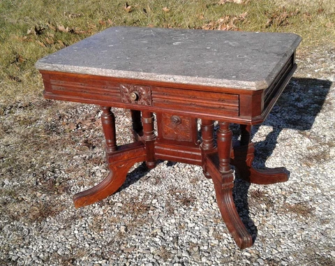 Antique Walnut Victorian Gray Marble w Fossils Parlor Coffee Table w Drawer Cover