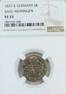 1837 GERMANY SILVER 6 KREUZER 6K SAXE MEININGEN NGC VF 35 SCARCE TOP POP 1 - Picture 1 of 4