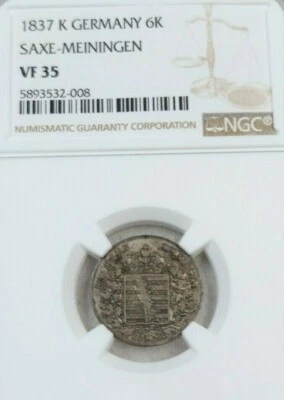 1837 GERMANY SILVER 6 KREUZER 6K SAXE MEININGEN NGC VF 35 SCARCE TOP POP 1 - Image 1 of 4