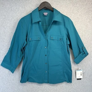 Laura Scott Womens Button Up Shirt Size LP Green Roll Tab Sleeve New with Tags - Picture 1 of 14