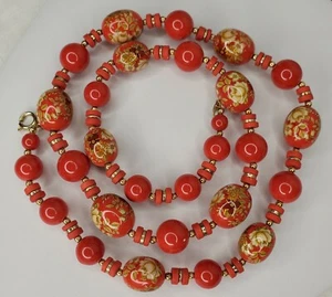 Vintage Red Bead Necklace Gold Accent Beads Flowers 29" Acrylic Japan - Picture 1 of 12