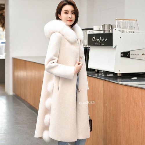 OFF WHITE Parka donna invernale vera lana shearling con cappuccio cappotto medio lungo pelliccia monopetto