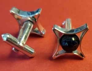 14Tb Silver tone Black Stone Cuff Links - Picture 1 of 1