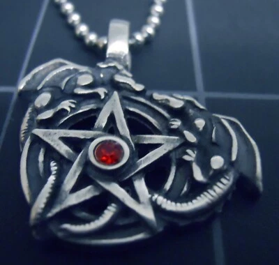 Collar PENTAGRAMA Dragones Cristal Rojo Colgante Bola Acero Inoxidable Cadena Nuevo Pentáculo Foto 1 de 4