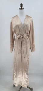 Oscar de la Renta Womens Tan Satin Lace Sleeve Detail Tie Waist Maxi Robe Sz M - Picture 1 of 8