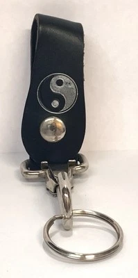 Yin Yang Genuine Leather Keychain Snap Hook Key Fob 6” Embossed Made In USA - Image 1 of 4