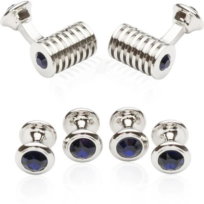 Men's Silver Blue Crystal Cufflinks and Studs Tuxedo Shirt Formal Set with Je... - Image 1 of 4
