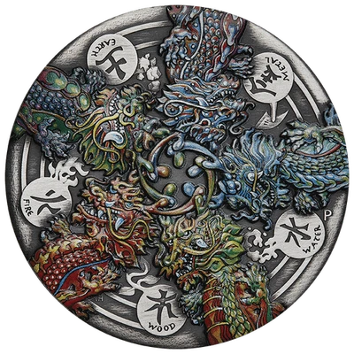 2024 Tuvalu Dragon and the Five Elements 5 oz Silver Antiqued Colorized Coin - Image 1 of 4