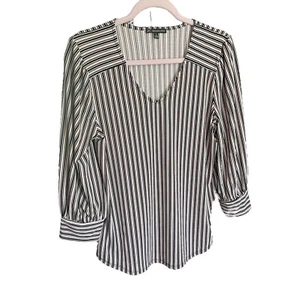 Adrianna Papell Small Blouse Black Beige Stripe 3/4 Sleeve V-Neck Stretch 1L - Picture 1 of 8