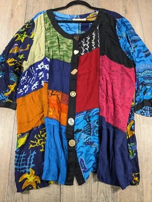 Túnica La Cera feminina 2X multicolorida estampa patchwork manga longa botão - Imagem 1 de 4