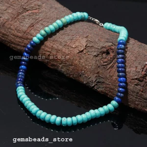 925 Sterling Silver Lapis Lazuli+Turquoise Chakra Gemstone 8-9MM Necklace 18" - Picture 1 of 10