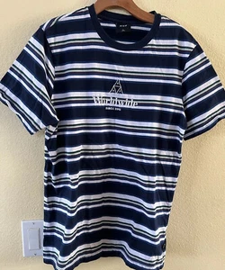 HUF Worldwide Embroidered Striped Skate Blue Green Purple White T-Shirt Mens L - Picture 1 of 7