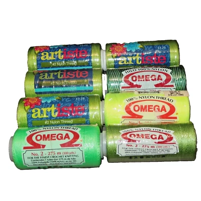 8 Skeins OMEGA Artiste 100% Nylon Thread No. 2 Assorted Green tones - 275 Meters - Image 1 of 3