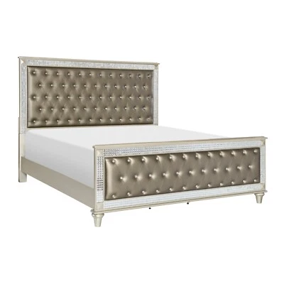 ¡OFERTA! VENTA DE MUEBLES DE DORMITORIO CAMA QUEEN CON ESPEJO DE CUERO SINTÉTICO DORADO ACOLCHADO CRISTAL Foto 1 de 4