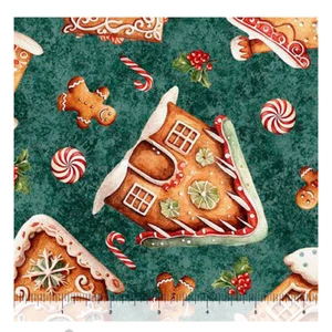 GINGERBREAD HOUSES ON GREEN BY QT GINGERBREAD COOKIES QT CUTIES FABRIC HALF YARD - Picture 1 of 1