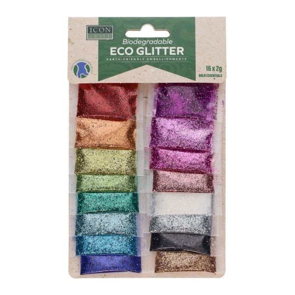 ICON 16 x 2g Assorted Colours Biodegradable Eco Glitter Art Craft School Kids
