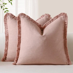 Set of 2 Linen Fringe Decorative Throw Pillow Covers 20x20 Inch Soft Accent C... - Picture 1 of 9