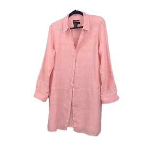 Tahari 100% Linen Duster Coral Pink Long Sleeve Button Front Jacket Large - Picture 1 of 9