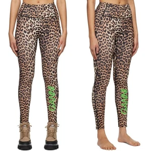GANNI Active Ultra High Waist Leggings Size L Brown Leopard Print Spell-Out - Picture 1 of 11