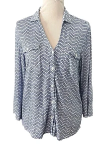 J McLaughlin Brynn Linen Blend Top •Women XL• Blue White Stretch Coastal Blouse - Picture 1 of 9