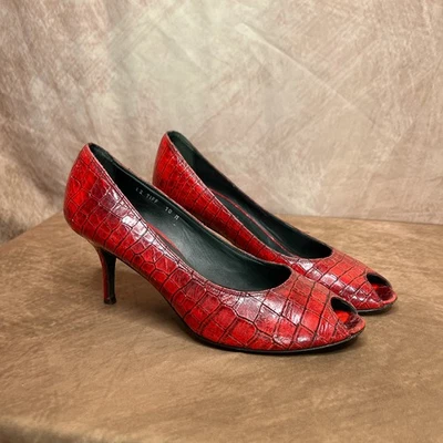 Donald J. Pliner Couture Tiff Red Leather Alligator Pumps Open Toe Stiletto - Image 1 of 4