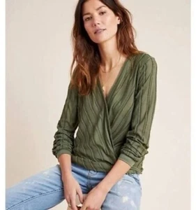Maeve by Anthropologie Small Audre Blouse Textured Faux Wrapped V-Neck Green - Picture 1 of 14