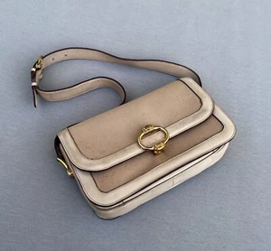 Rare Vintage CELINE PARIS CARRIAGE LOGO Buckle Leather Wool Shoulder Bag Beige - Picture 1 of 12