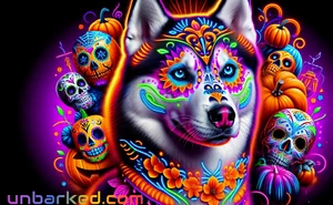 Hooded Sweatshirt UNBARKED! Halloween Husky/Malamute Dog Día de Muertos Hoodie - Picture 1 of 10