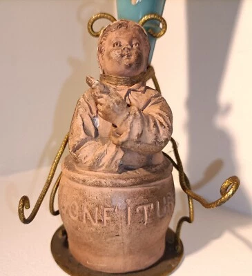 Curieux ancien vase publicitaire pour confiture, terre cuite et verre émaillé - Photo 1/4